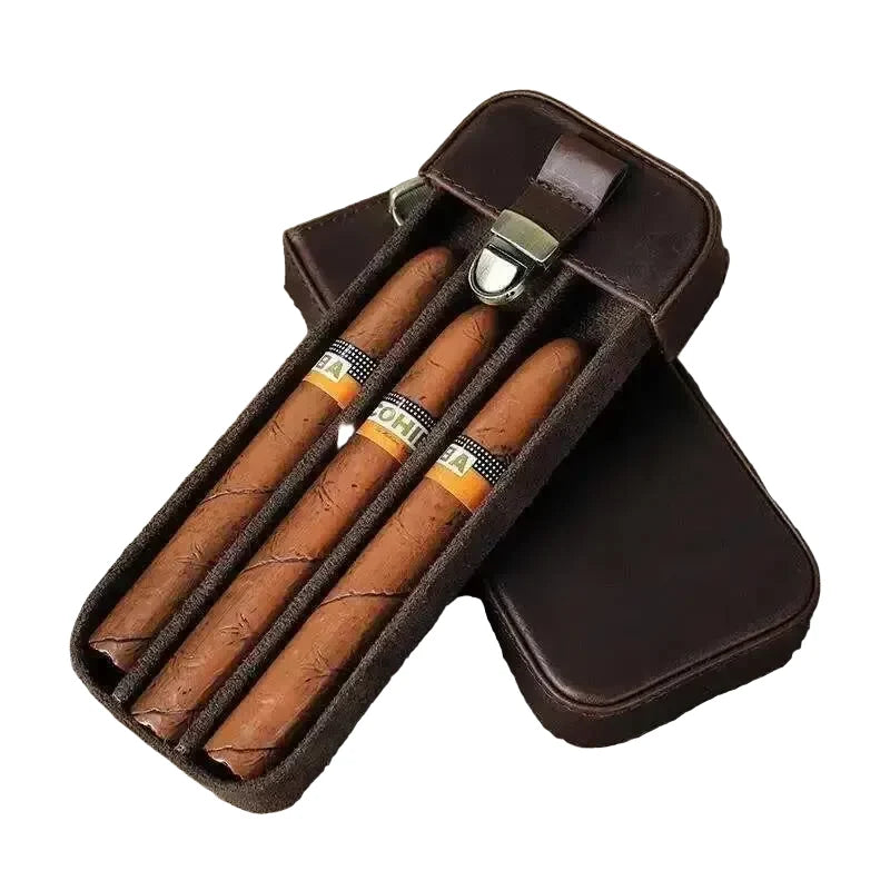 Men’s Leather Cigar Case - 3-Cigar Travel Holder - Brown