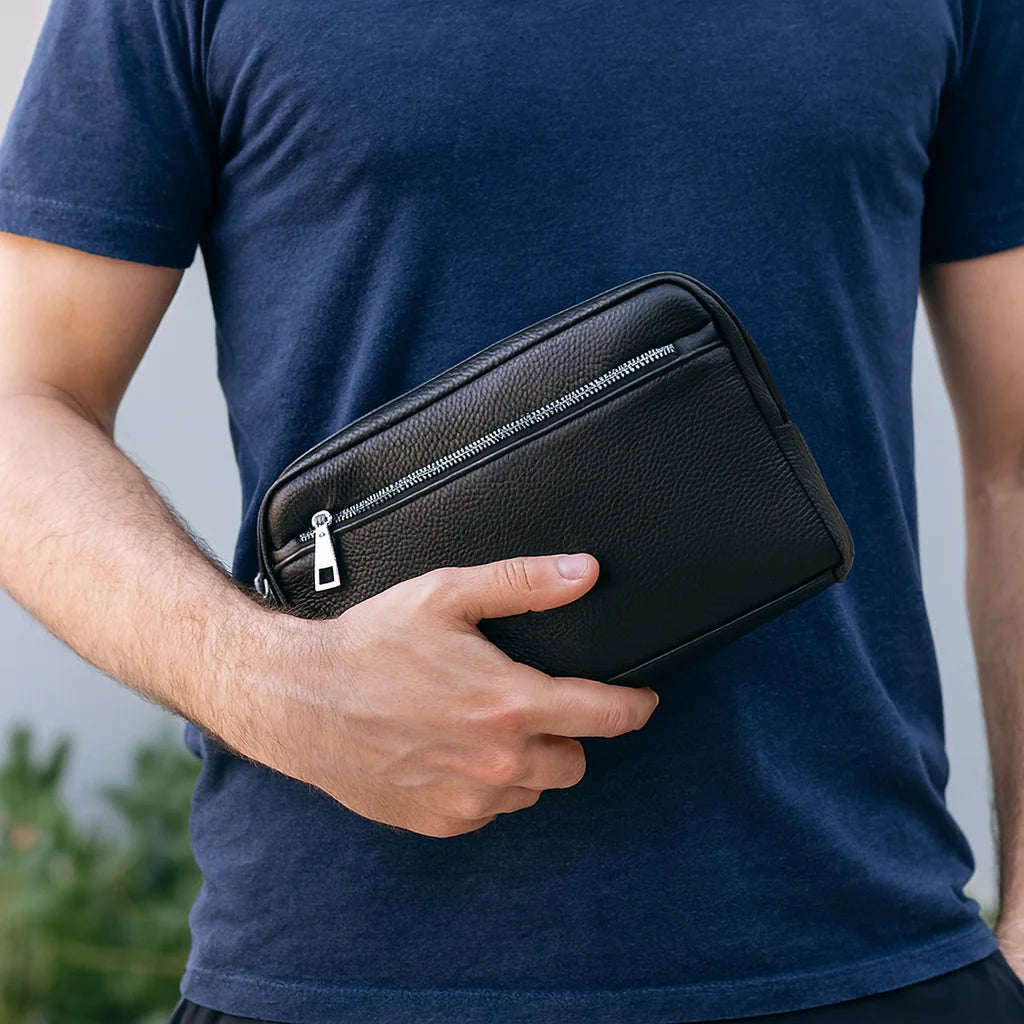 Men’s Leather Clutch Bag - Detachable Crossbody Strap