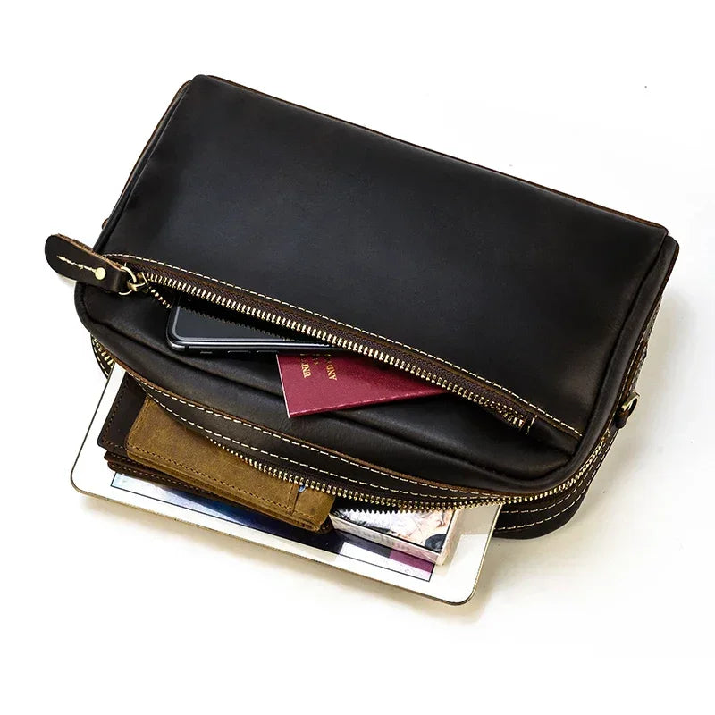 Men’s Leather Clutch Bag - Detachable Crossbody Strap