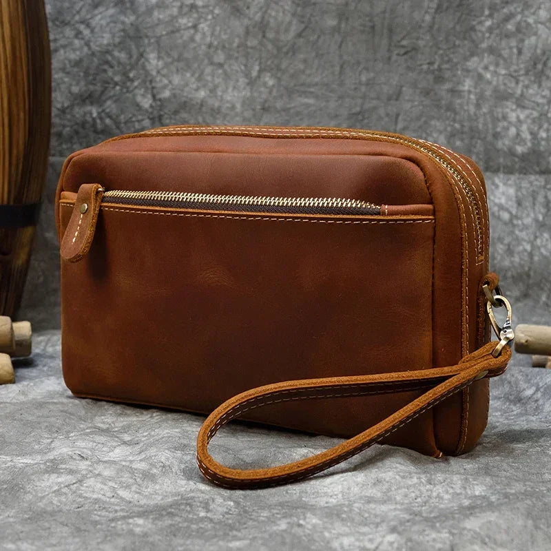 Men’s Leather Clutch Bag - Detachable Crossbody Strap