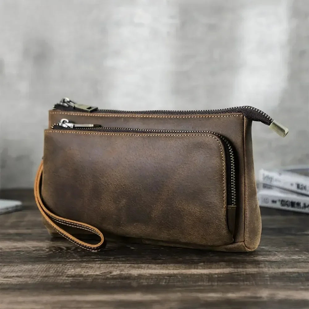 Men’s Leather Clutch Bag - Double Zip Travel Organizer