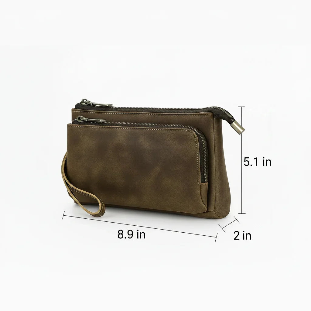 Men’s Leather Clutch Bag - Double Zip Travel Organizer