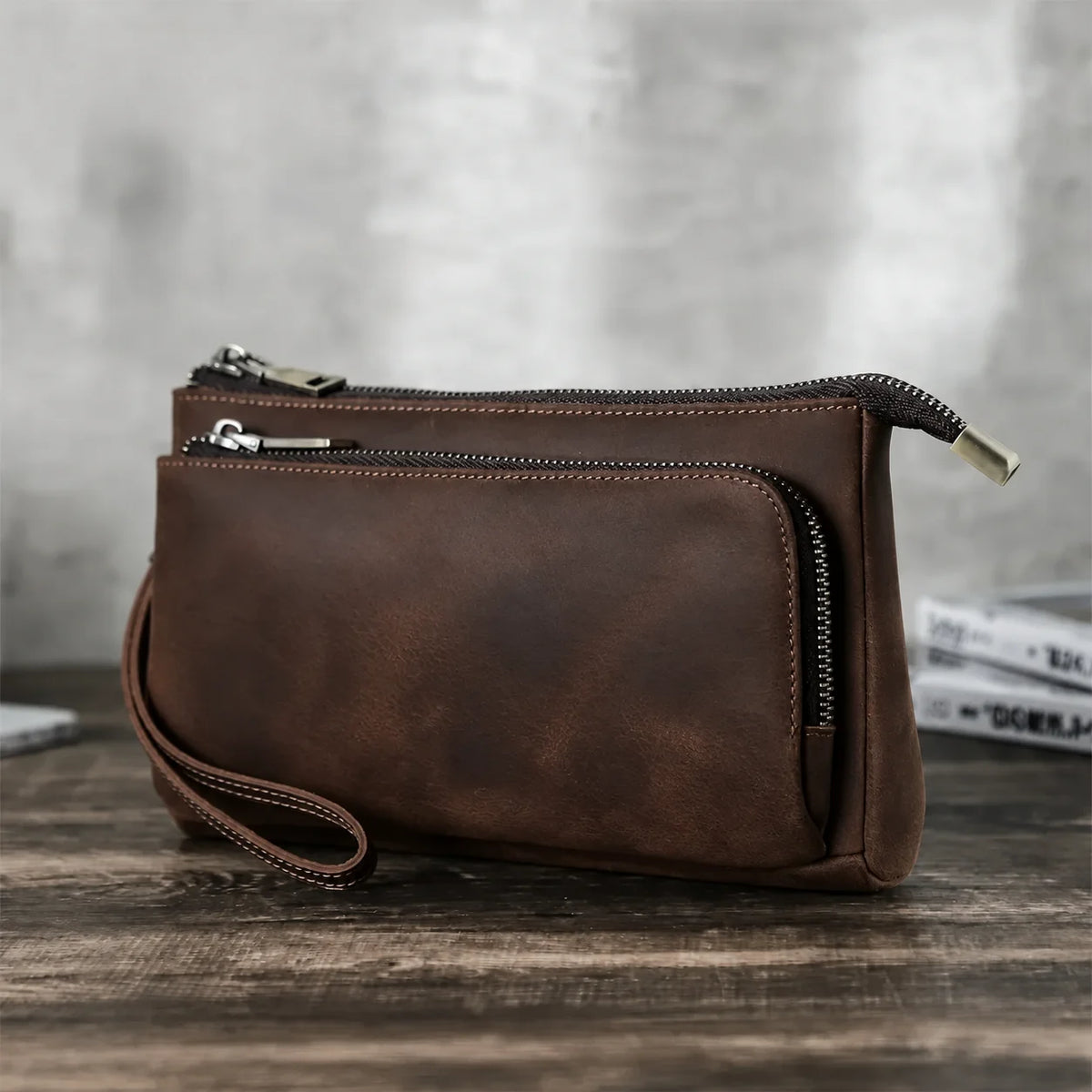 Men’s Leather Clutch Bag - Double Zip Travel Organizer