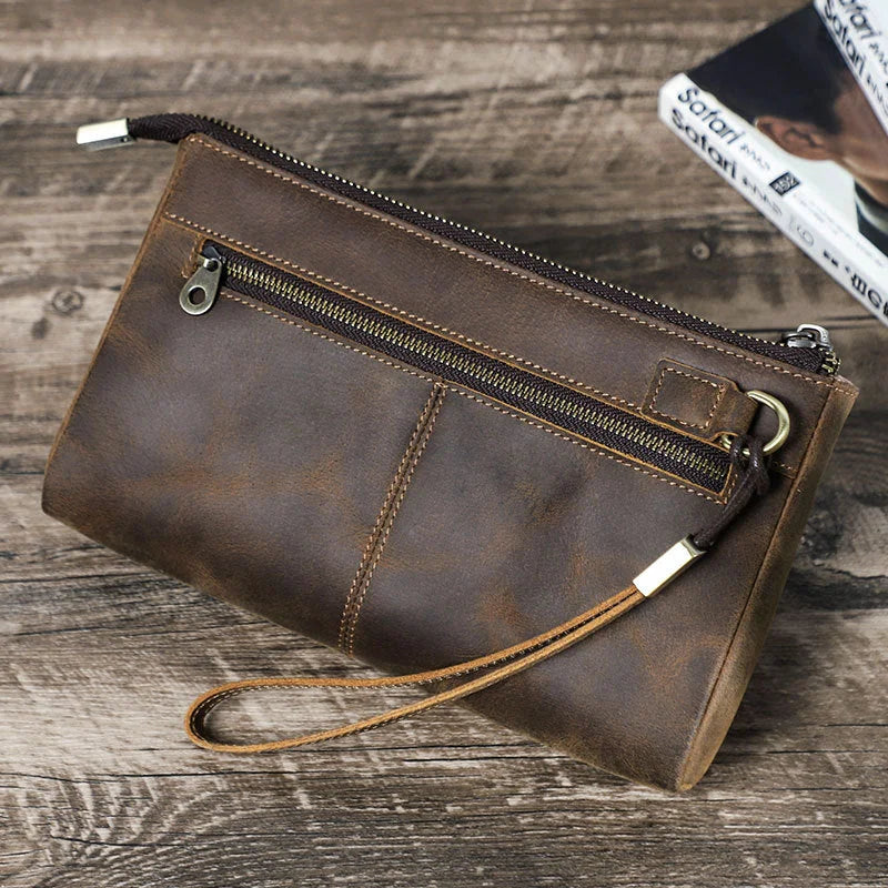 Men’s Leather Clutch Bag - Double Zip Travel Organizer