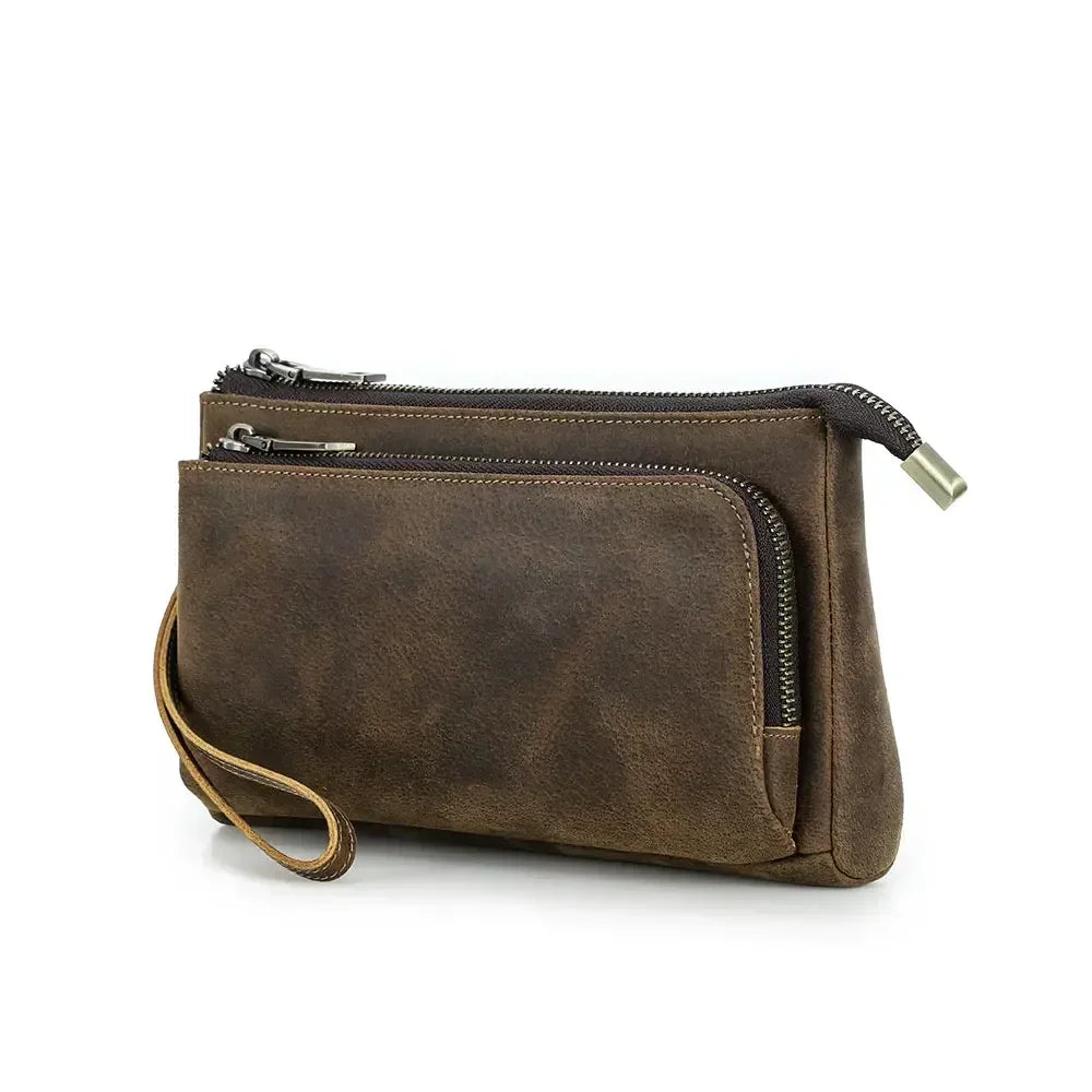 Men’s Leather Clutch Bag - Double Zip Travel Organizer