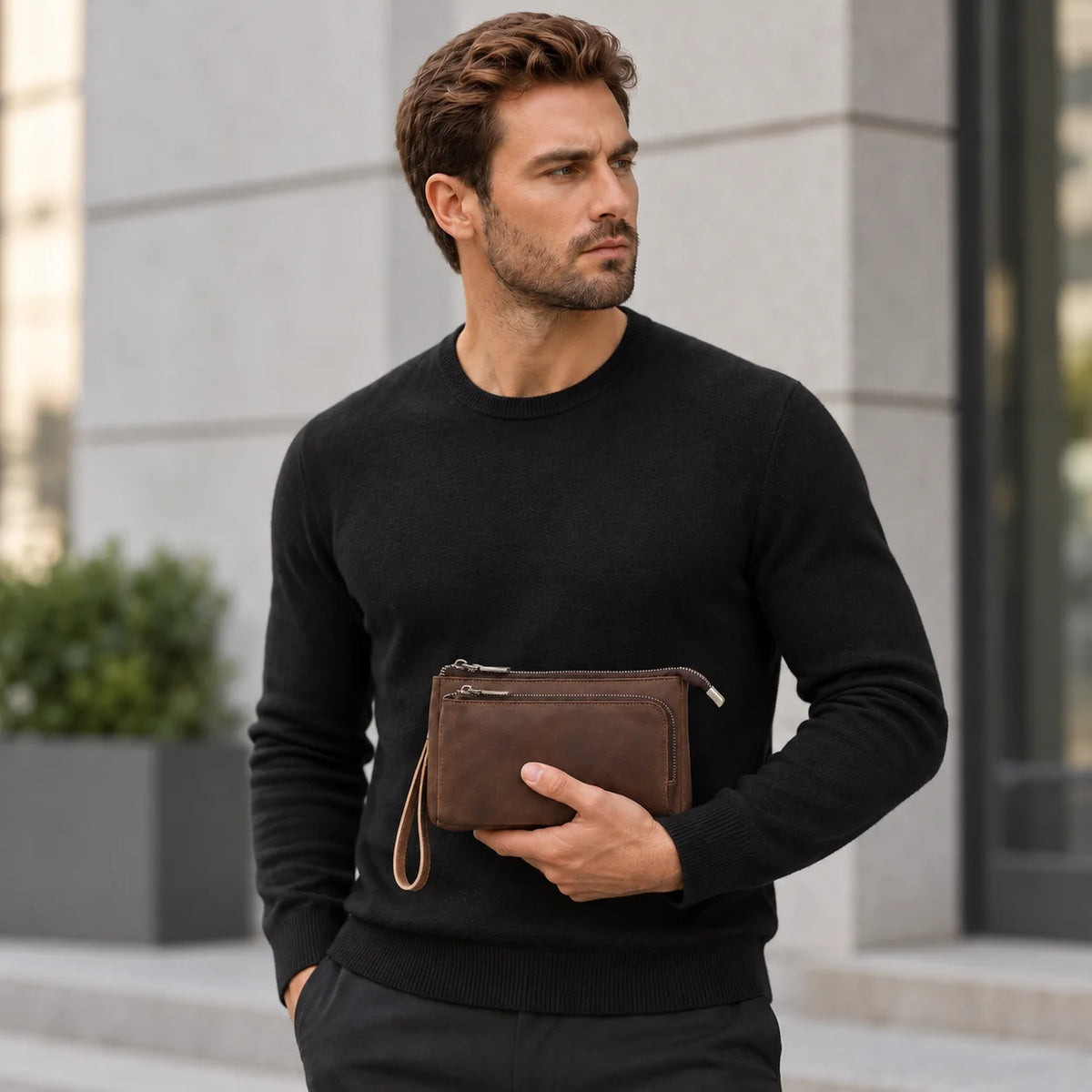 Men’s Leather Clutch Bag - Double Zip Travel Organizer