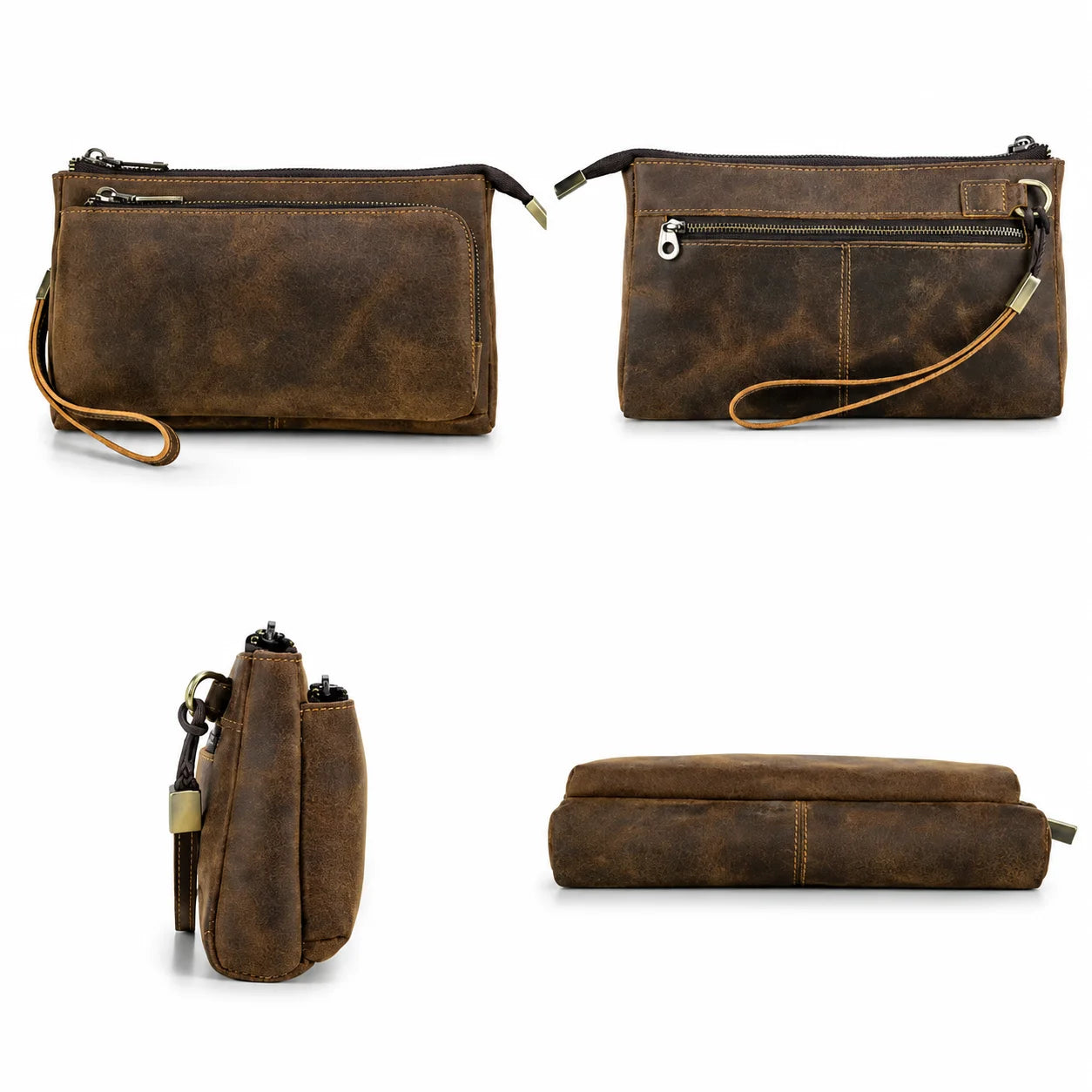 Men’s Leather Clutch Bag - Double Zip Travel Organizer