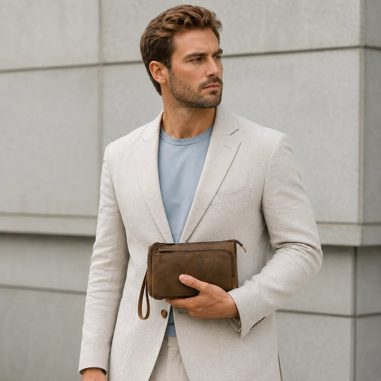 Men’s Leather Clutch Bag - Double Zip Travel Organizer