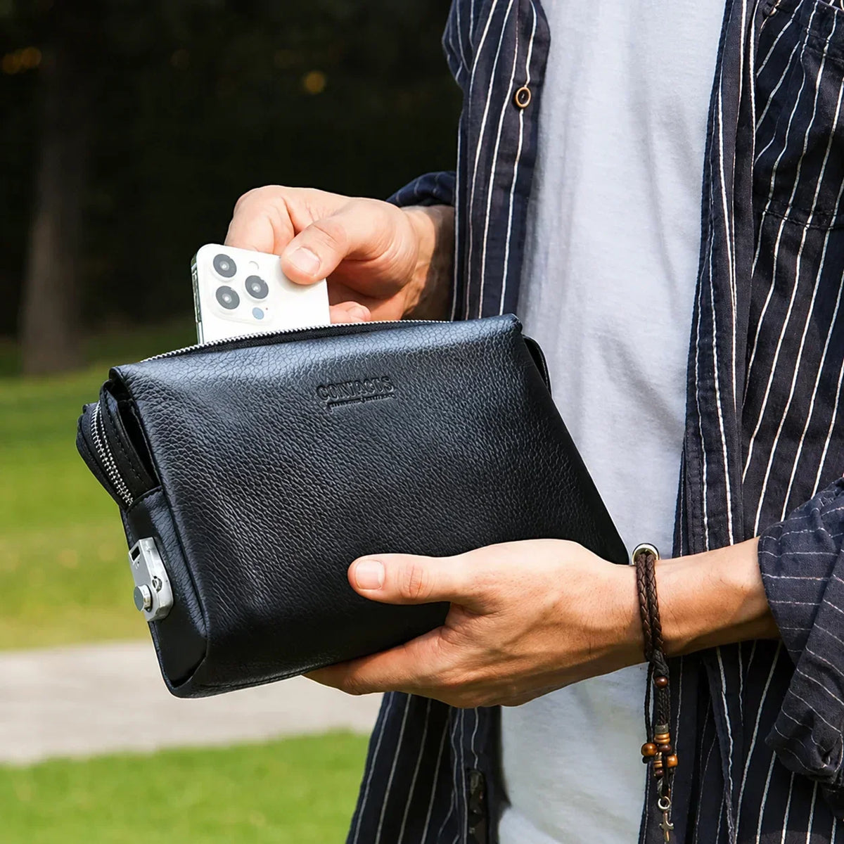 Men’s Leather Clutch Bag with Combination Lock - Secure Travel Case