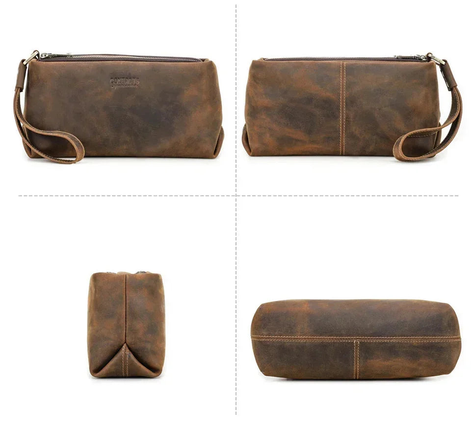 Men’s Leather Clutch Bag - Wrist Strap Multi-Pocket Organizer