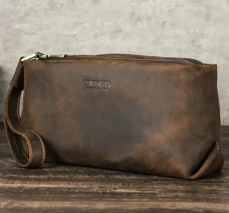 Men’s Leather Clutch Bag - Wrist Strap Multi-Pocket Organizer