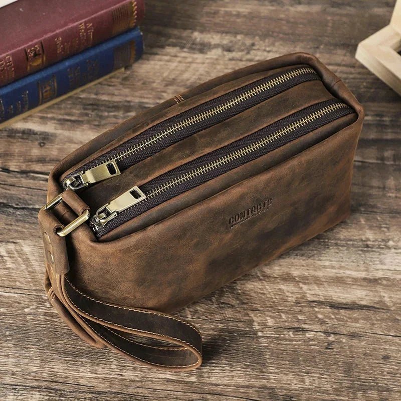 Men’s Leather Clutch Bag - Wrist Strap Multi-Pocket Organizer
