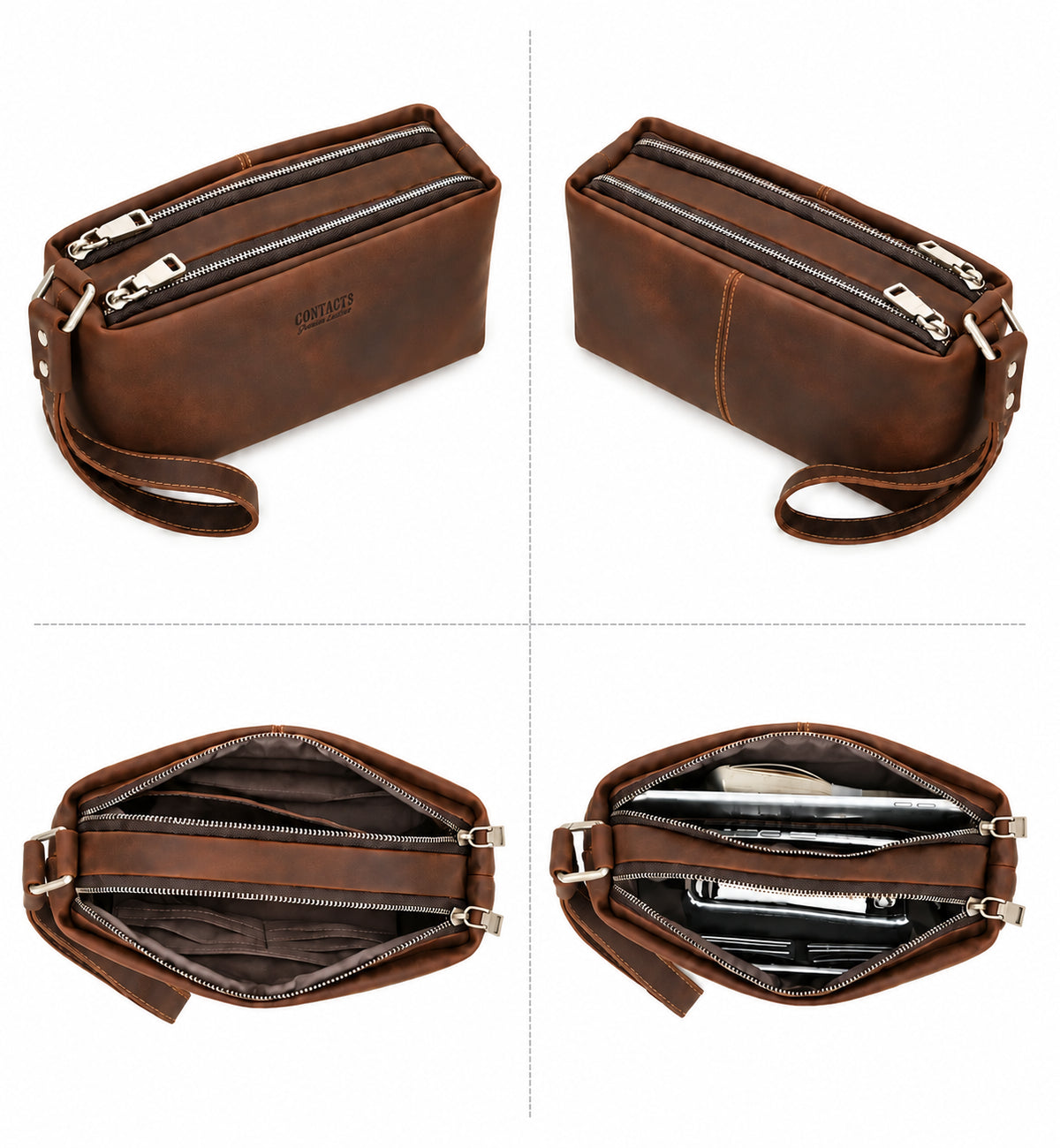 Men’s Leather Clutch Bag - Wrist Strap Multi-Pocket Organizer