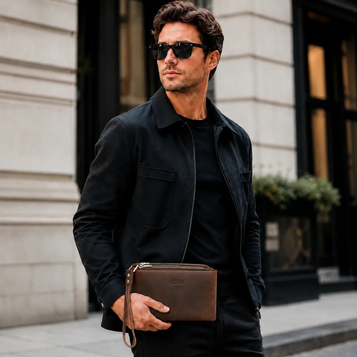 Men’s Leather Clutch Bag - Wrist Strap Multi-Pocket Organizer