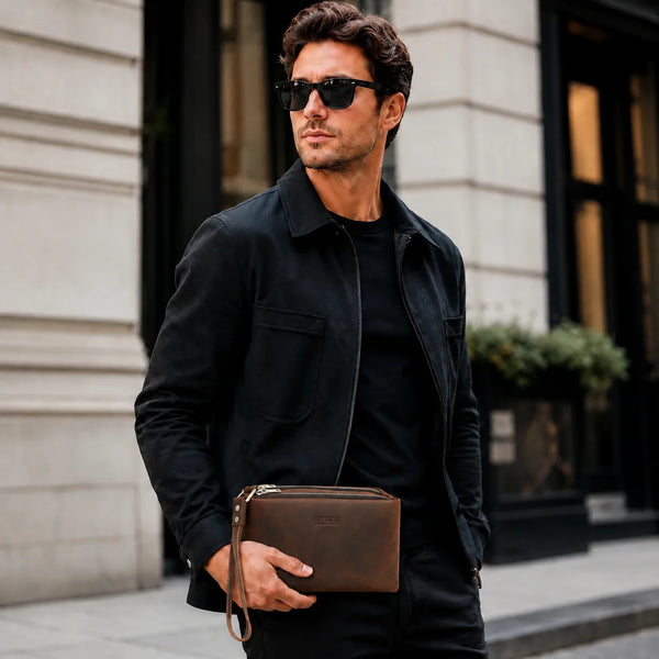 Men's Leather Clutch Bag - Wrist Strap Multi-Pocket Organizer