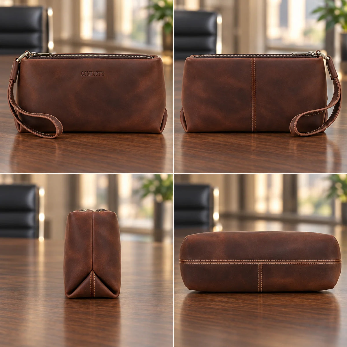 Men’s Leather Clutch Bag - Wrist Strap Multi-Pocket Organizer