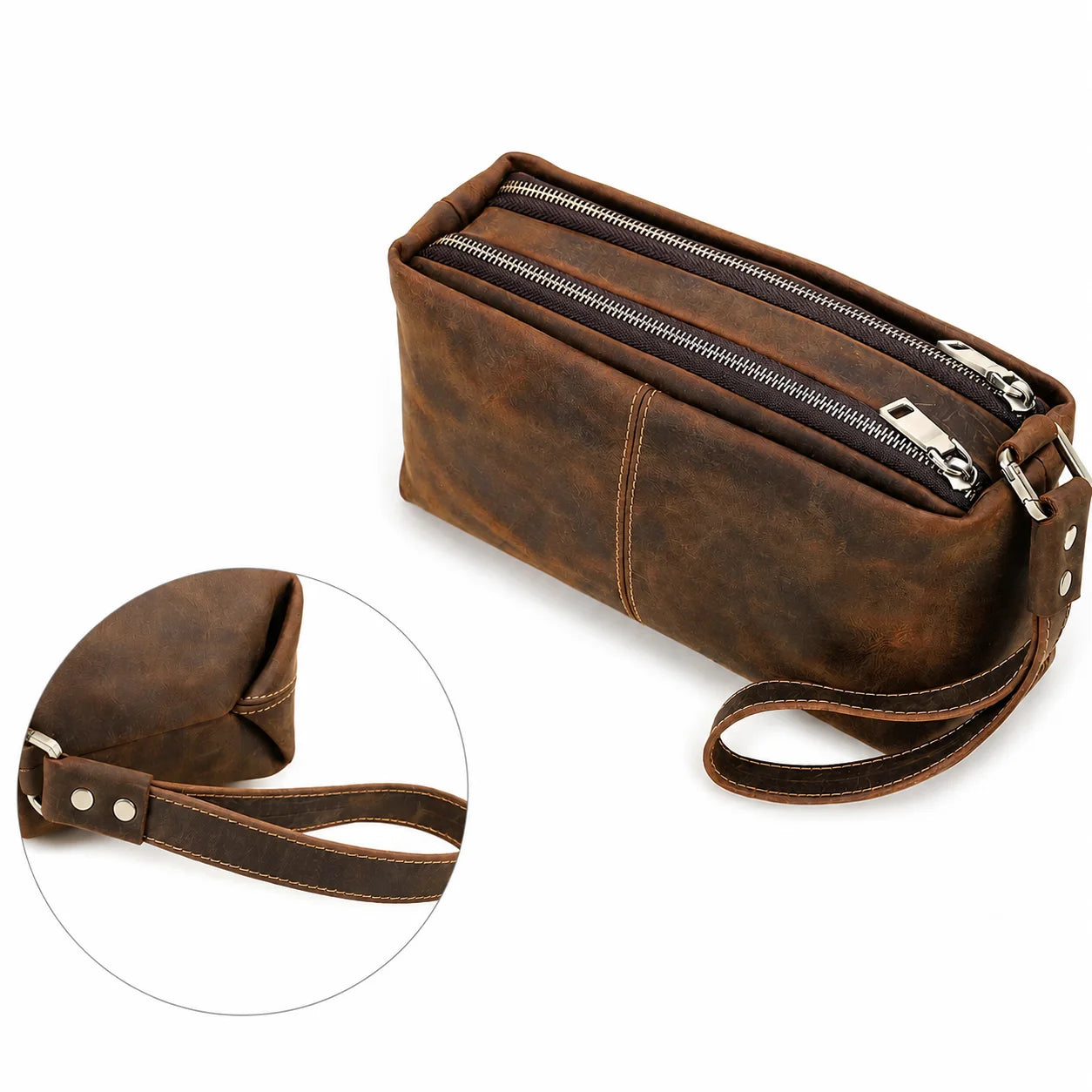 Men’s Leather Clutch Bag - Wrist Strap Multi-Pocket Organizer