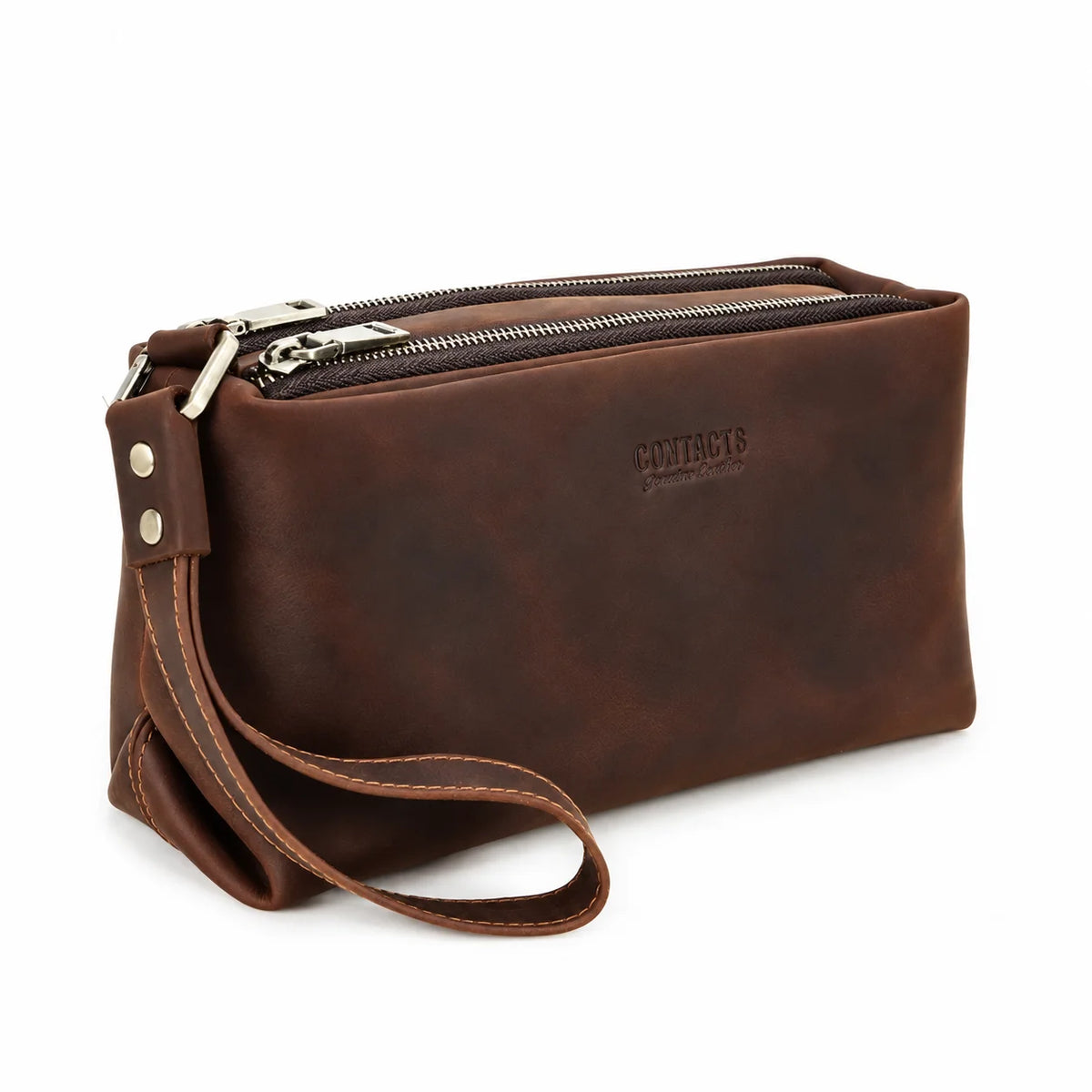 Men’s Leather Clutch Bag - Wrist Strap Multi-Pocket Organizer - Dark brown