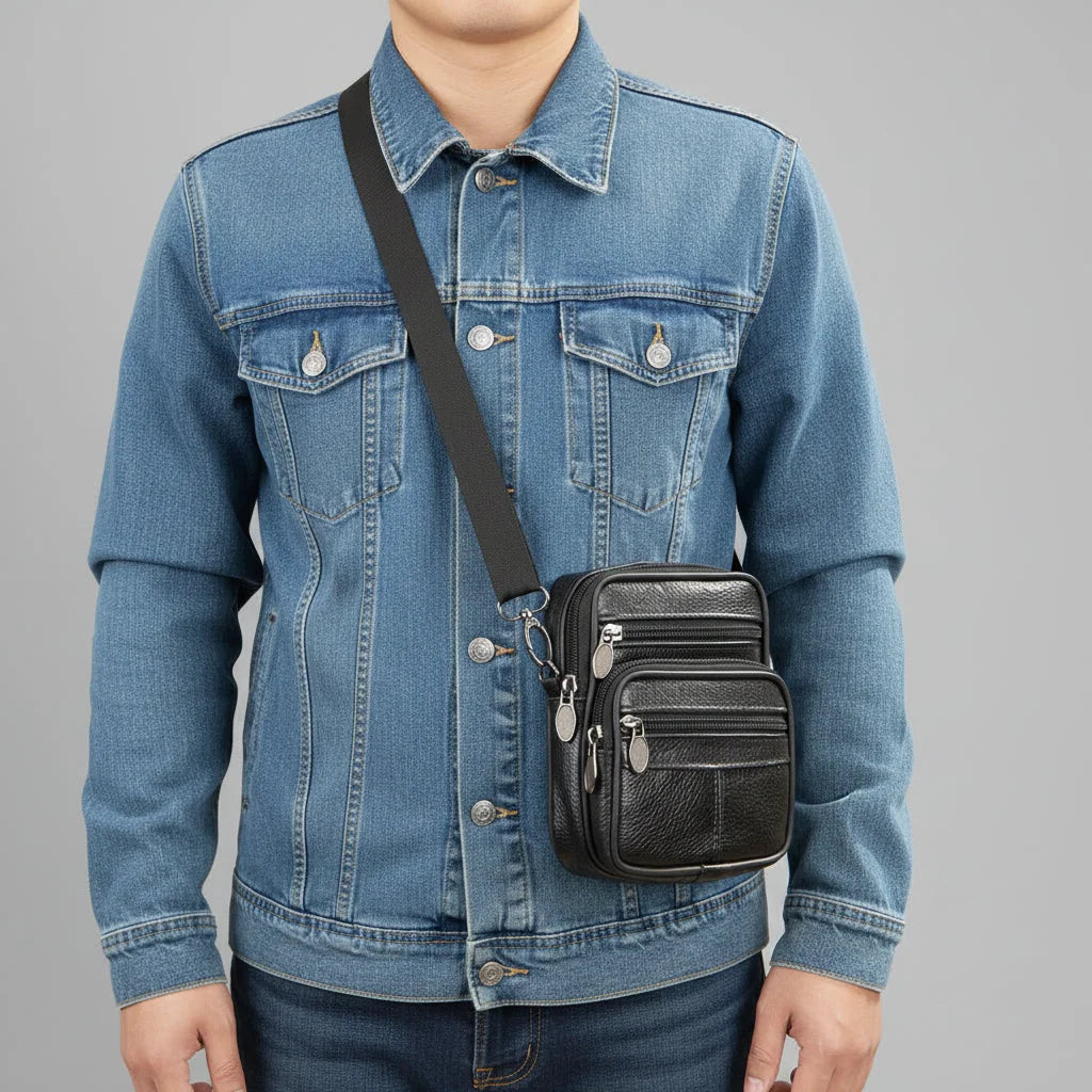 Men’s Leather Crossbody Bag - Compact 4-Pocket Organizer