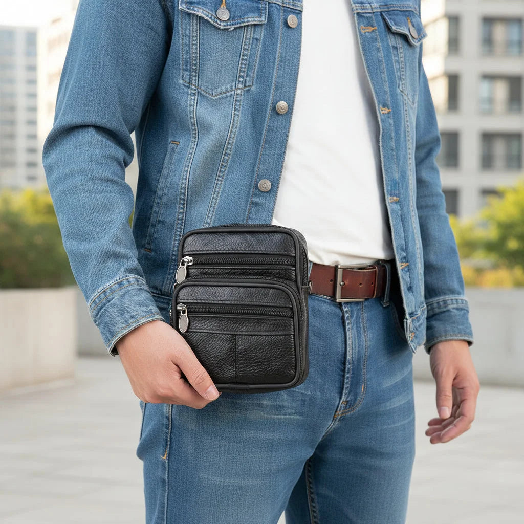 Men’s Leather Crossbody Bag - Compact 4-Pocket Organizer