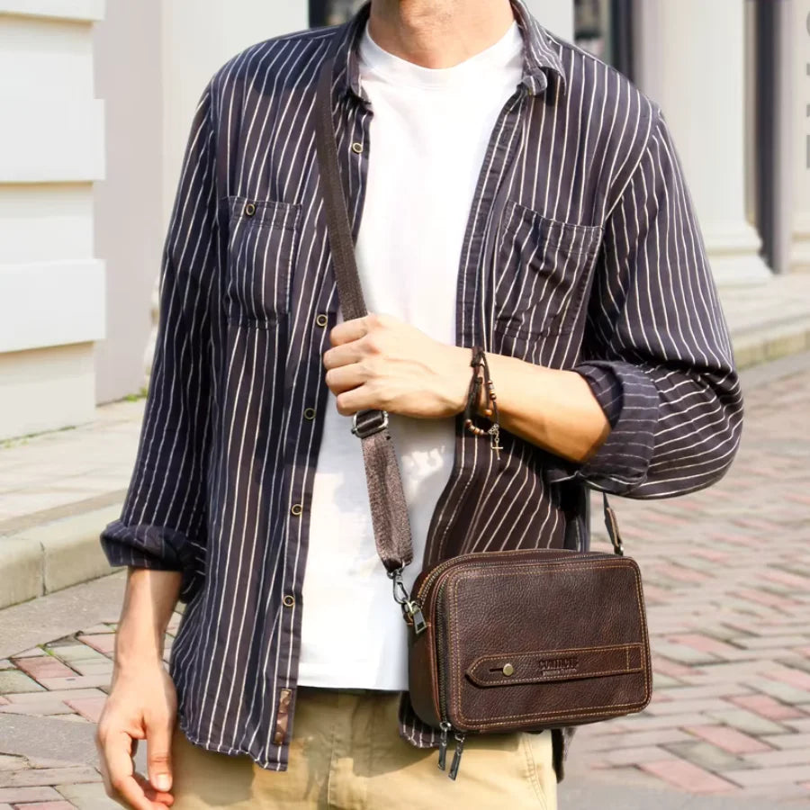 Men’s Leather Crossbody Bag - Double Zip Organizer