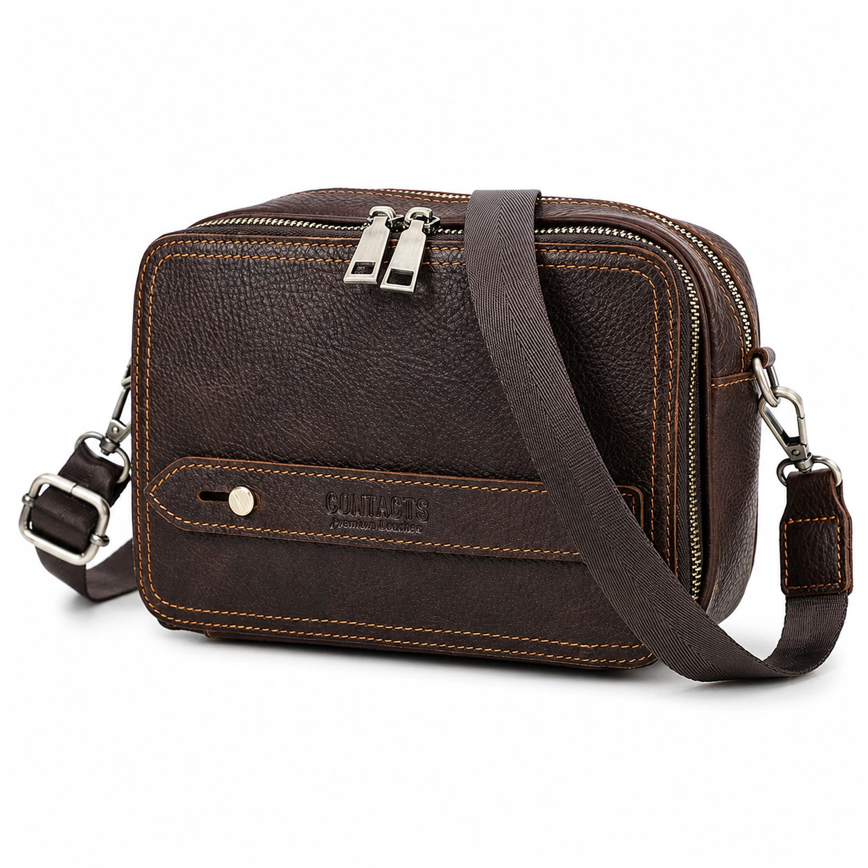 Men’s Leather Crossbody Bag - Double Zip Organizer