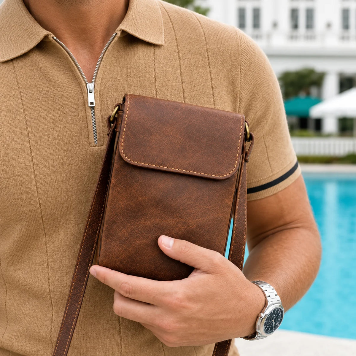Men’s Leather Crossbody Bag - Mini Phone Pouch