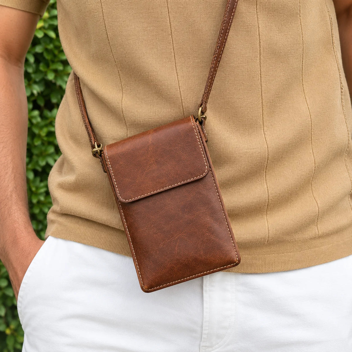 Men’s Leather Crossbody Bag - Mini Phone Pouch