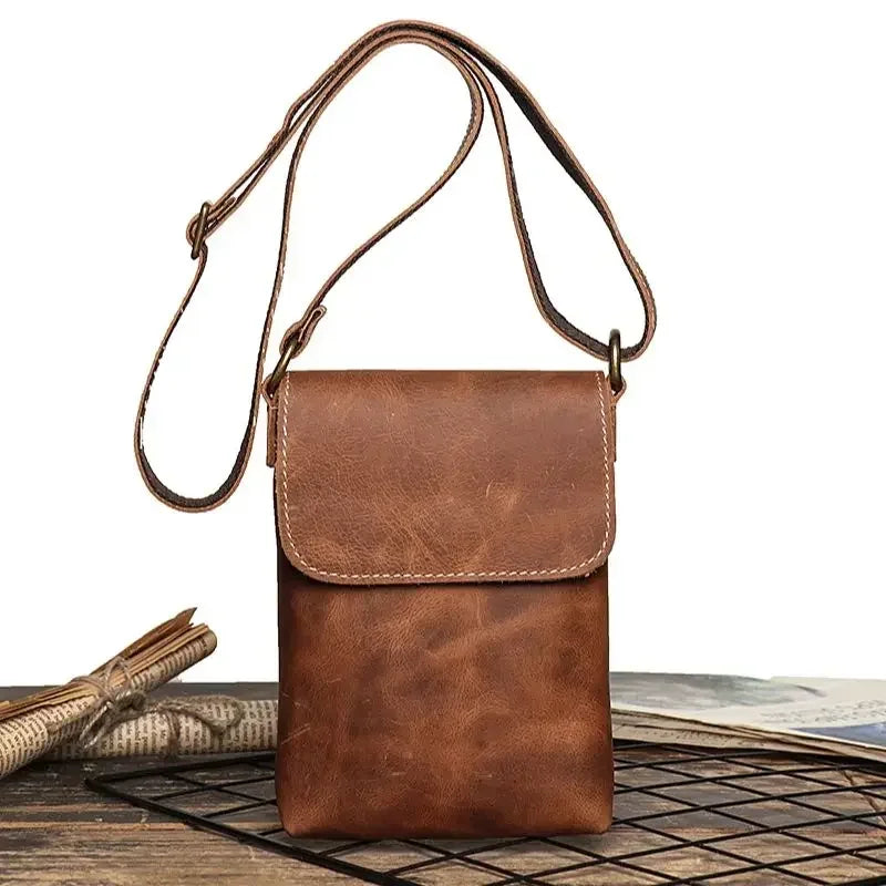 Men’s Leather Crossbody Bag - Mini Phone Pouch - Brown