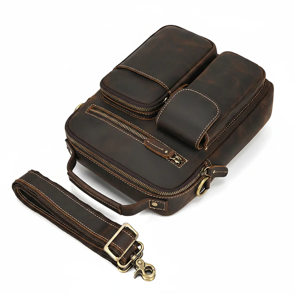 Men’s Leather Crossbody Bag - Multi-Pocket Card Organizer - Dark brown