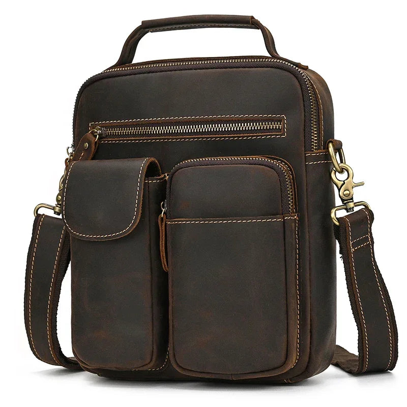 Men’s Leather Crossbody Bag - Multi-Pocket Card Organizer - Dark brown