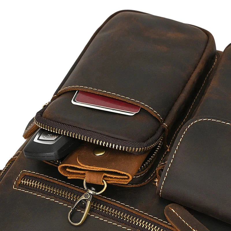 Men’s Leather Crossbody Bag - Multi-Pocket Card Organizer - Dark brown