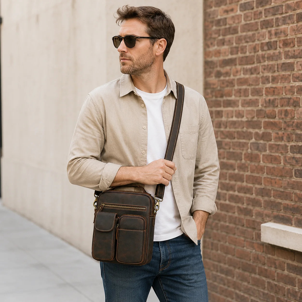 Men’s Leather Crossbody Bag - Multi-Pocket Card Organizer - Dark brown