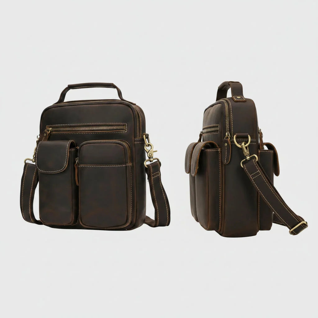 Men’s Leather Crossbody Bag - Multi-Pocket Card Organizer - Dark brown