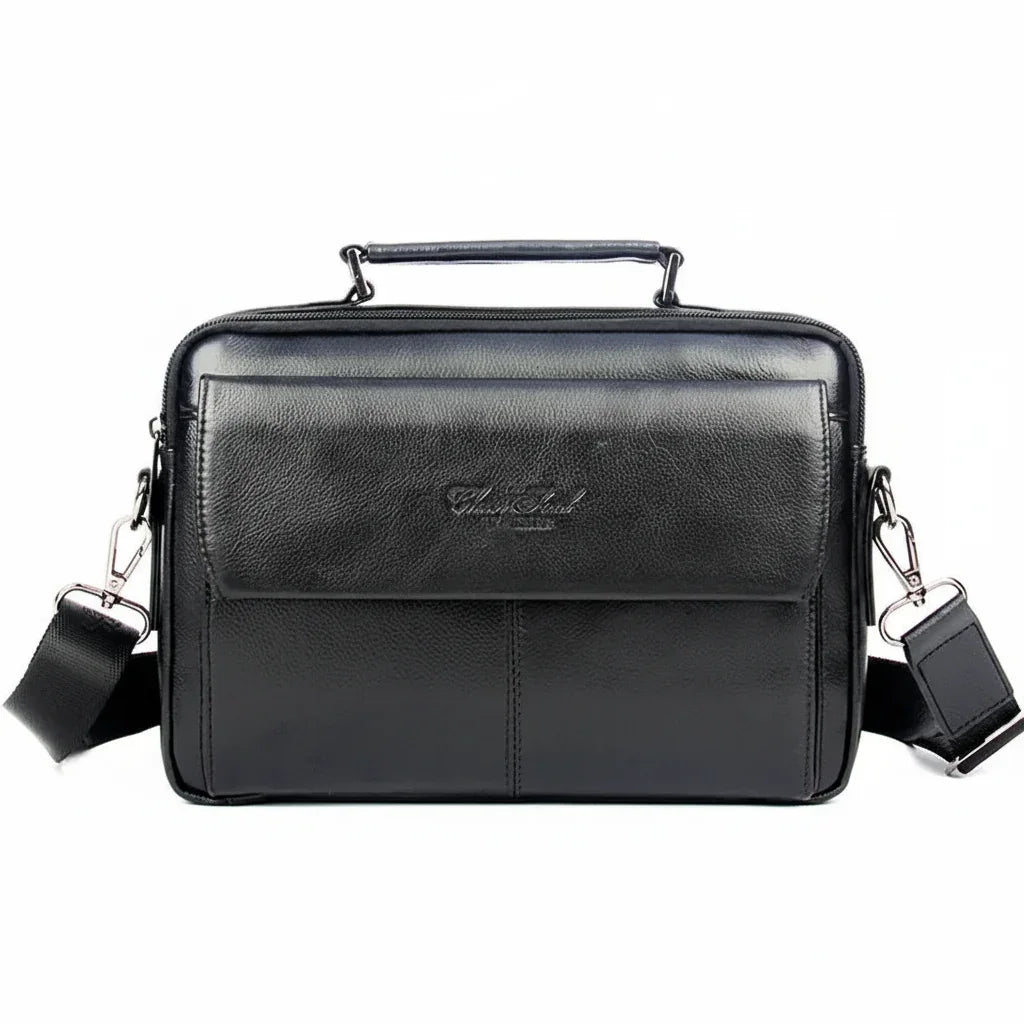 Men’s Leather Crossbody Bag - Multi-Pocket Organizer Bag - Black