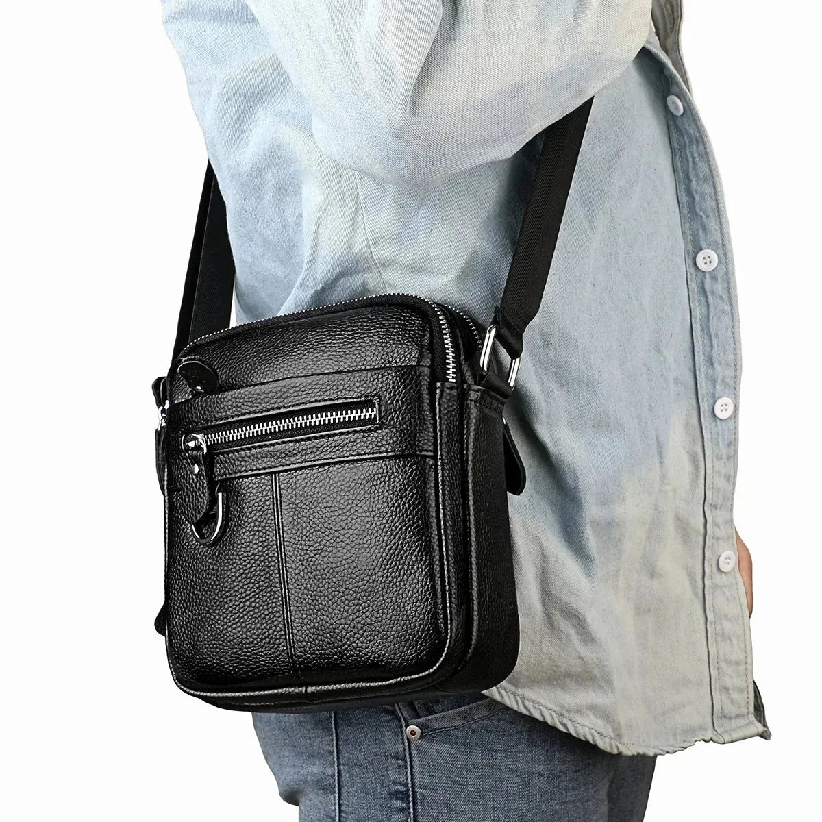 Men’s Leather Crossbody Bag - Padded Strap Front Pocket