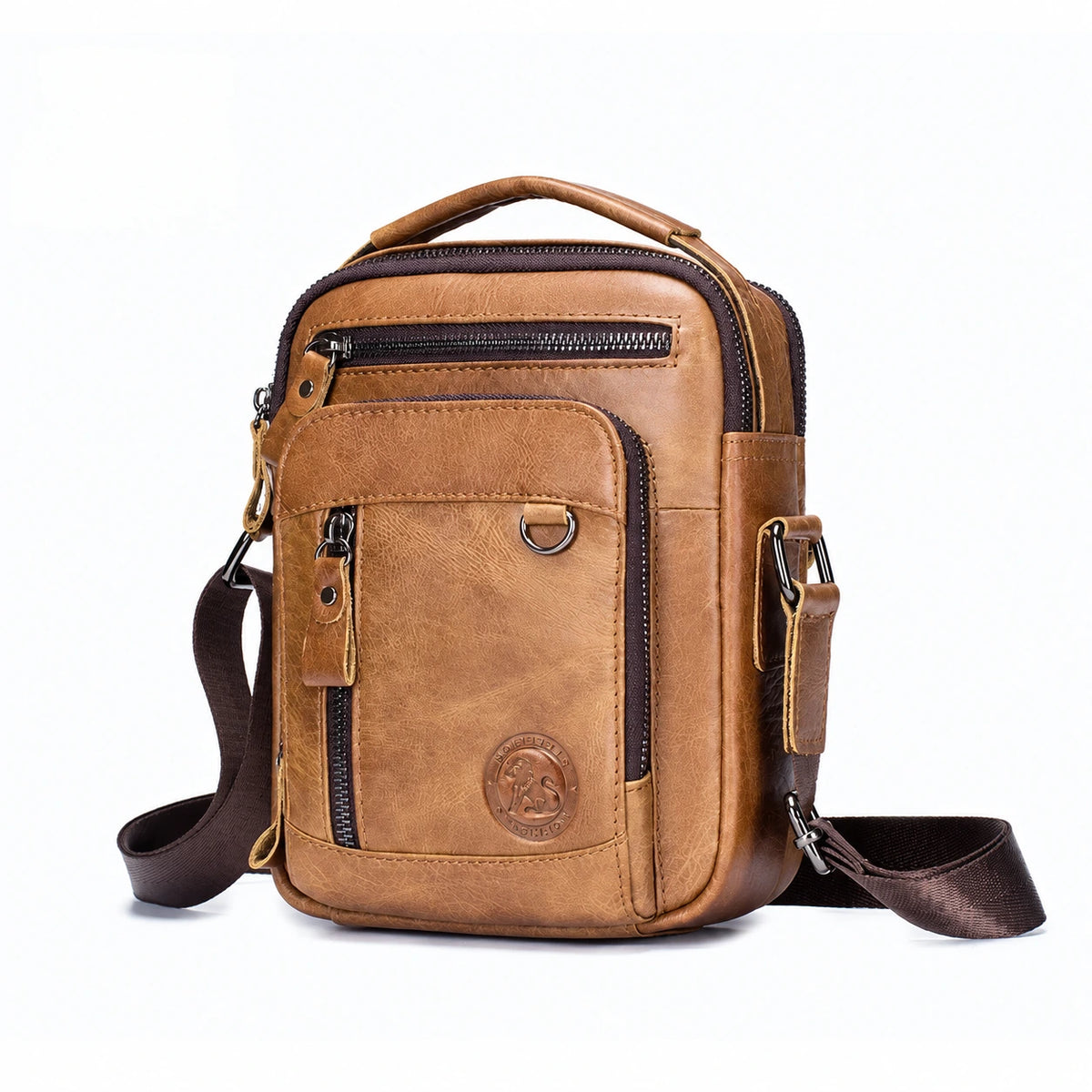 Men’s Leather Crossbody Bag – Small Multi-Pocket Everyday Carry - Brown