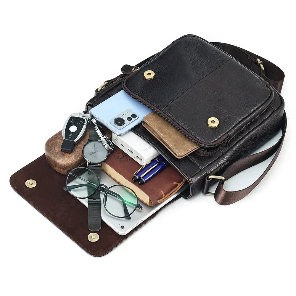 Men’s Leather Crossbody Bag - Vertical Flap Shoulder Bag