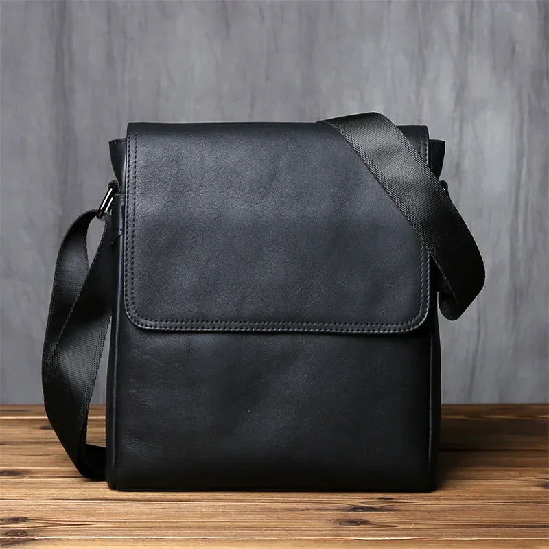 Men’s Leather Crossbody Bag - Vertical Flap Tablet Bag - Black