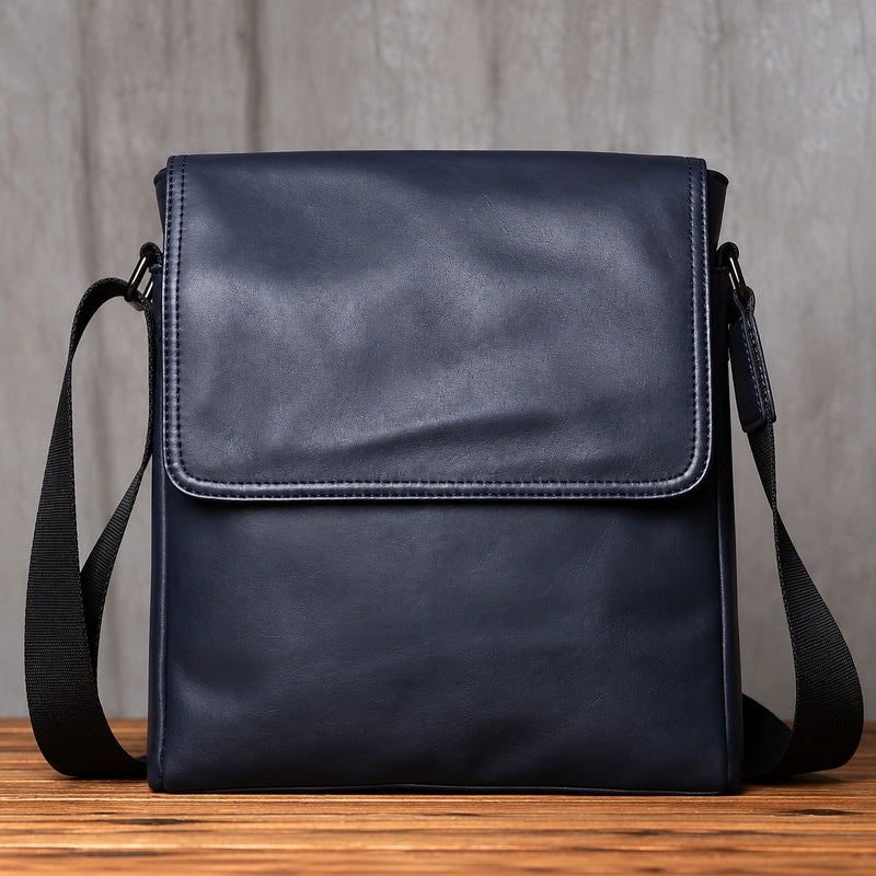 Men’s Leather Crossbody Bag - Vertical Flap Tablet Bag - Navy