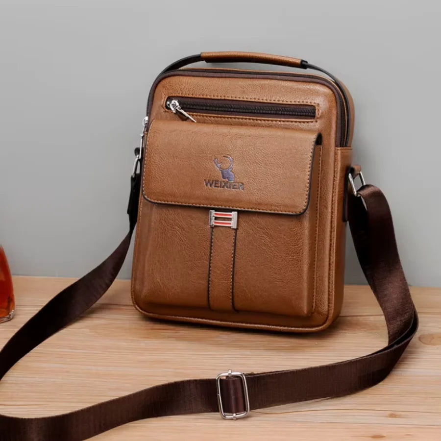Men’s Leather Crossbody Bag - Vertical Multi-Pocket Shoulder Bag