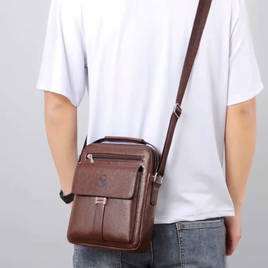Men’s Leather Crossbody Bag - Vertical Multi-Pocket Shoulder Bag