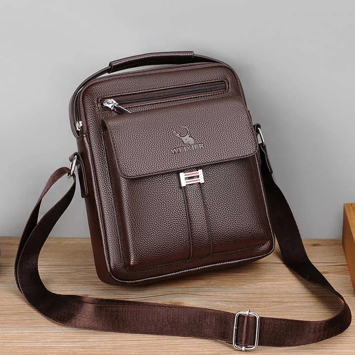 Men’s Leather Crossbody Bag - Vertical Multi-Pocket Shoulder Bag