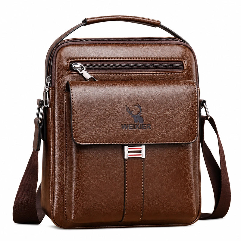 Men’s Leather Crossbody Bag - Vertical Multi-Pocket Shoulder Bag