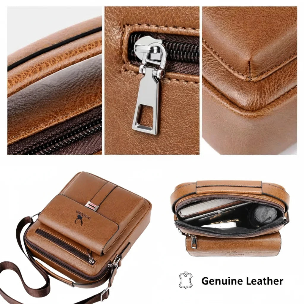 Men’s Leather Crossbody Bag - Vertical Multi-Pocket Shoulder Bag