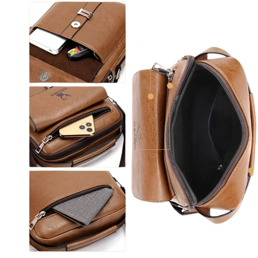 Men’s Leather Crossbody Bag - Vertical Multi-Pocket Shoulder Bag