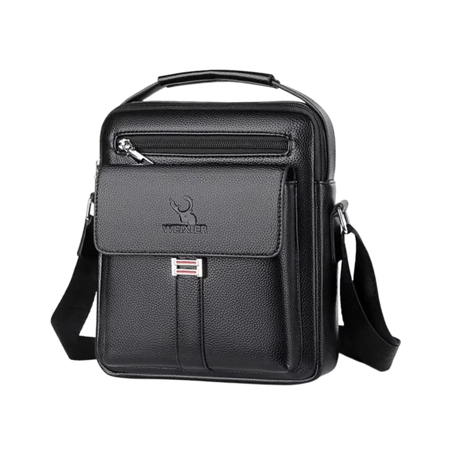 Men’s Leather Crossbody Bag - Vertical Multi-Pocket Shoulder Bag - Black