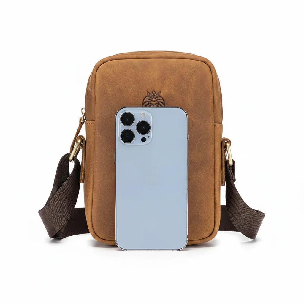 Men’s Leather Crossbody Bag - Vertical Phone Pocket Carry