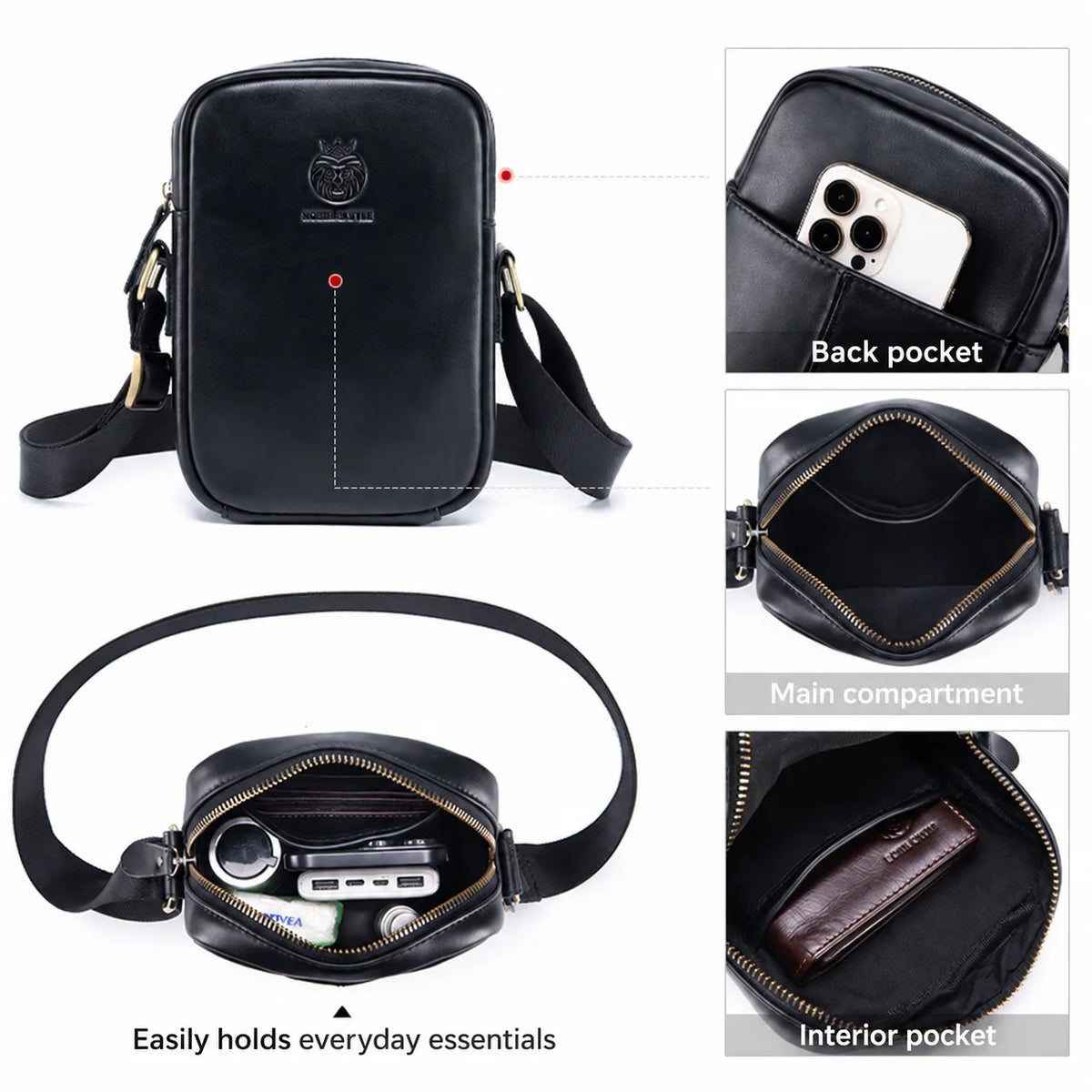 Men’s Leather Crossbody Bag - Vertical Phone Pocket Carry