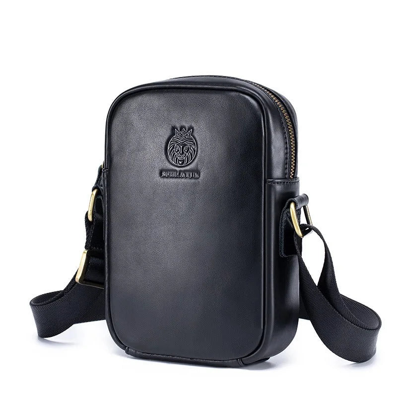 Men’s Leather Crossbody Bag - Vertical Phone Pocket Carry - Black